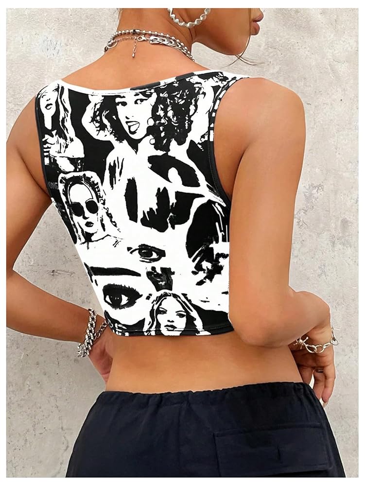 WDIRARA Women's Newspaper Printed Sleeveless Asymmetrical